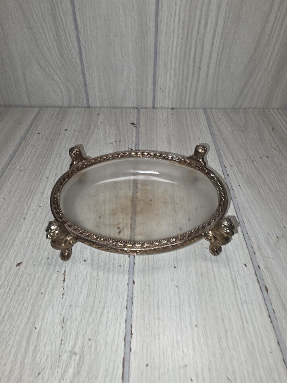 Antique Brass/Glass Owl Footed Vanity Dish Trinket Bowl Soap Brass Victorian